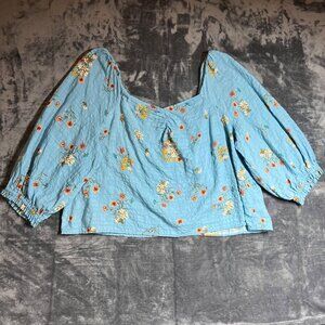 A.N.A. Size 3X Womens Sweetheart Neck Long Blouse Sleeve Bethany Floral Blue